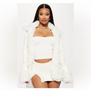 Cream Faux fur leather jacket and skirt set